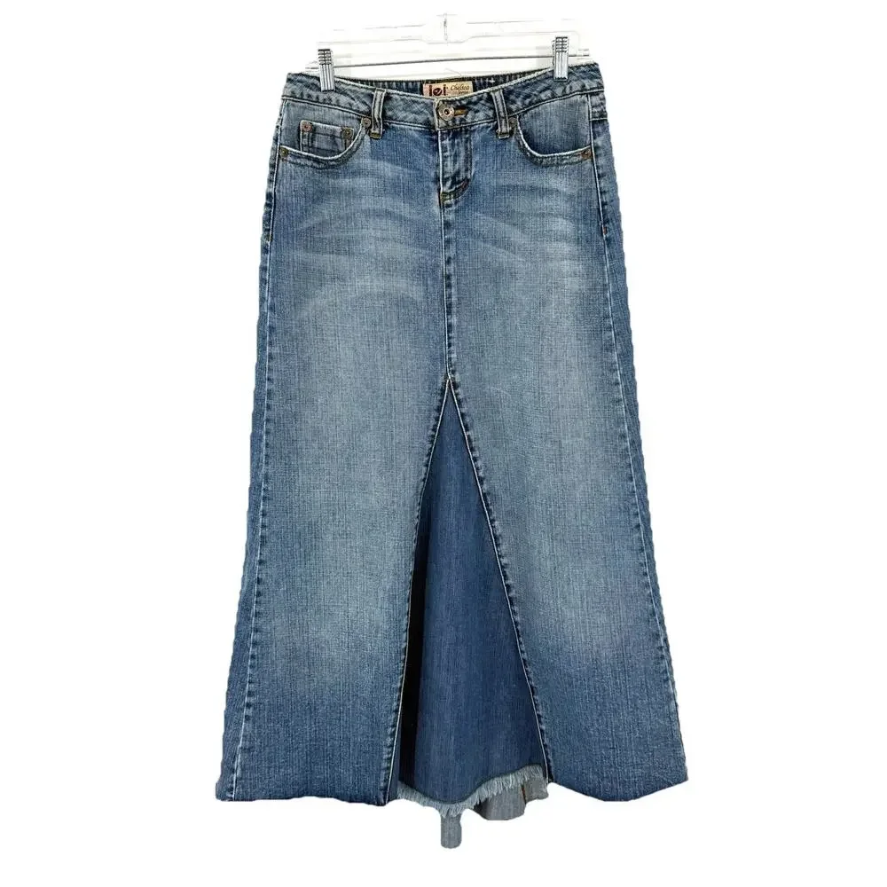 LEI Women's Y2K 90s Low Rise Chelsea Denim Skirt Medium Wash High Low SZ 7